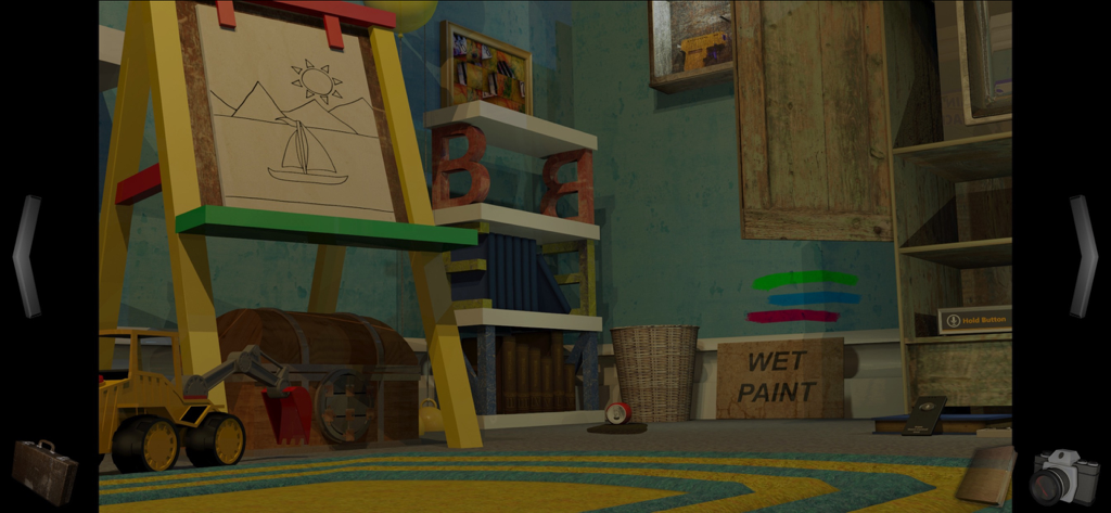 A Short Tale - A nostalgic childhood bedroom viewed from a miniature perspective featuring an easel and oversized toys