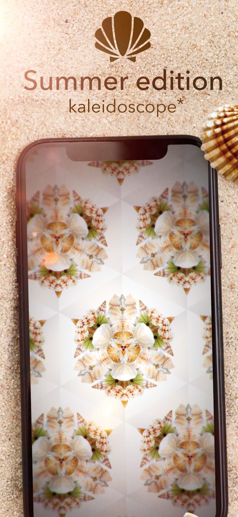 Real Kaleidoscope PRO - Smartphone screen displaying a seashell kaleidoscope pattern on a sandy beach background