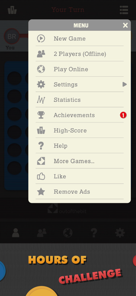 Four In A Row - Classic Games - Hauptmenübildschirm der Vier Gewinnt App mit Spielmodi, einschließlich Offline 2 Spieler und Online-Spiel