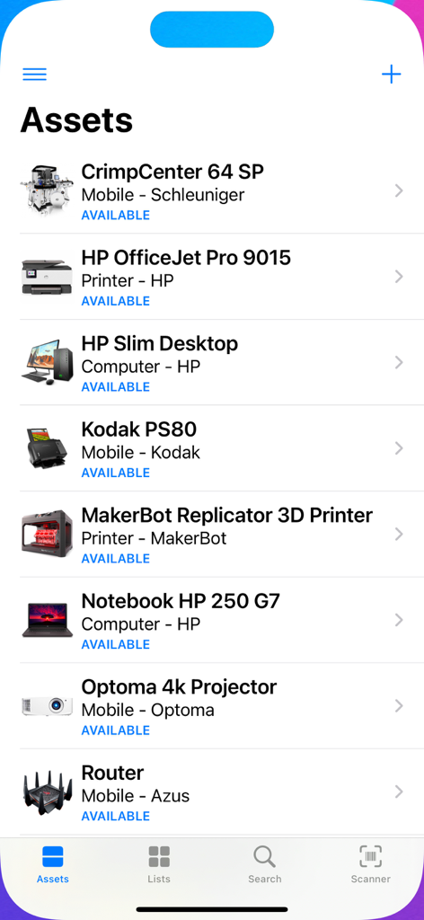 Asset Tracker for Business - Ein Bildschirm der mobilen App, der eine umfassende Liste von Geschäftsvermögenswerten anzeigt, einschließlich Büroausstattung und Verfügbarkeitsstatus