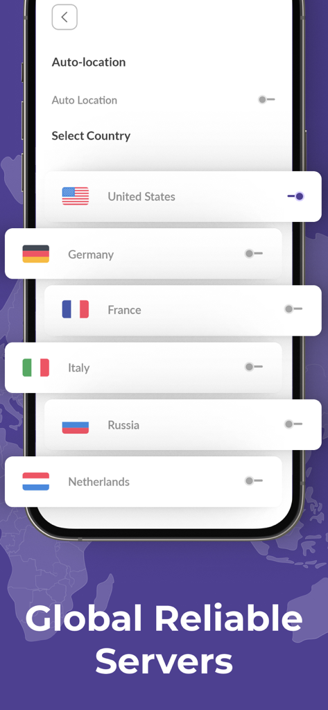 Presto VPNインターフェース。アメリカ、ドイツ、フランスなど、世界中のサーバーロケーションの選択肢が表示されています。