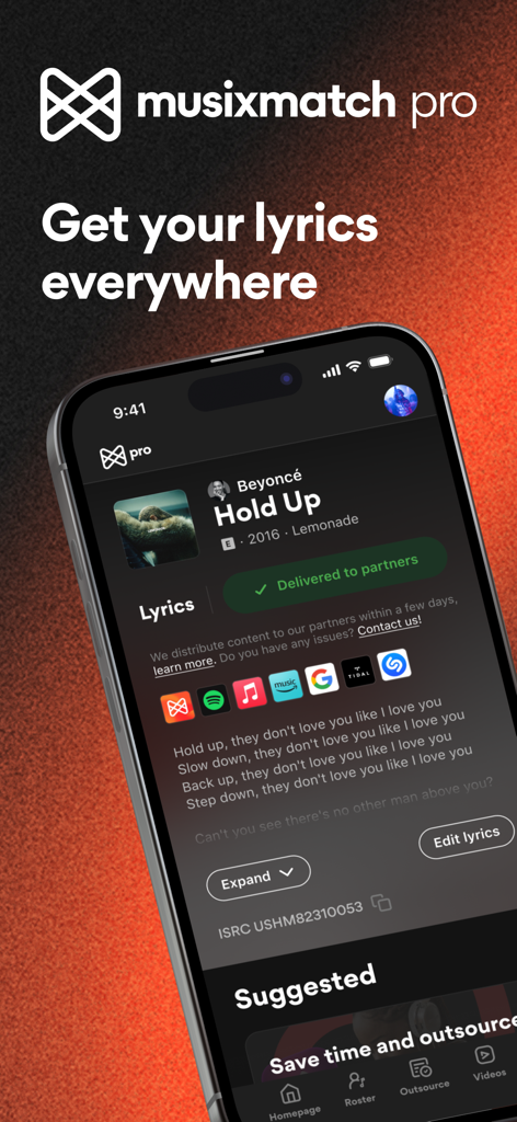 Musixmatch Pro - Musixmatch Pro mobile app interface showing lyric distribution status for a song across major streaming platforms like Spotify and Apple Music