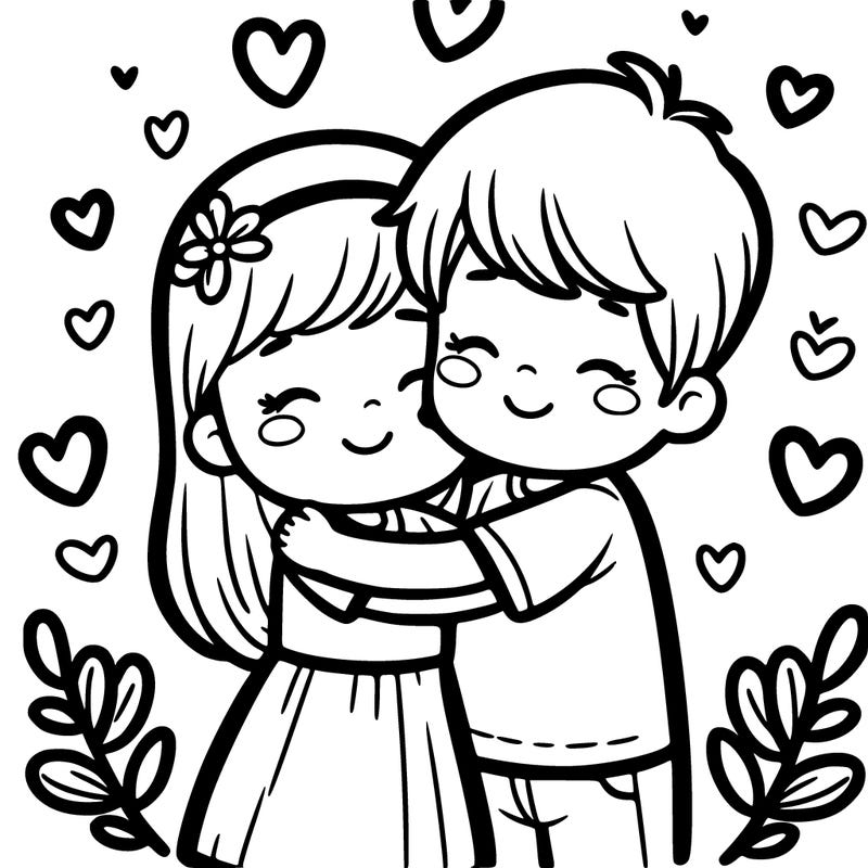 a girl hugging a boy with hearts around them