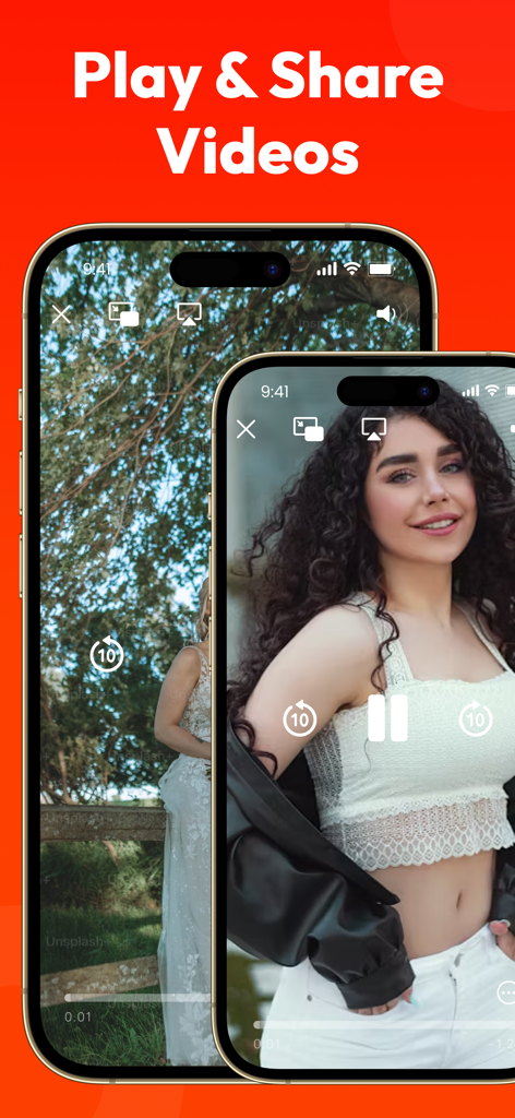 All Video Downloader ~ Player - Interface de l'application Téléchargeur de Vidéos montrant le lecteur vidéo sur deux téléphones mobiles avec un titre de lecture et de partage.
