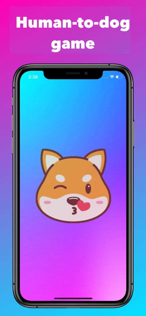 DogSpeak: The Dog Translator - 윙크하는 만화 강아지가 있는 인간 대 강아지 게임을 보여주는 DogSpeak 앱 인터페이스