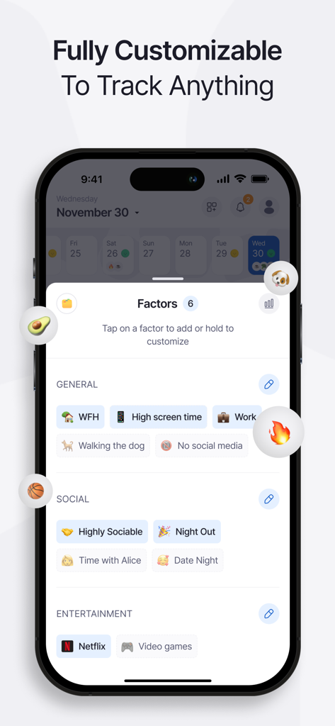 Effecto Symptom & Mood Tracker - Pantalla de la aplicación Effecto que muestra factores personalizables para rastrear hábitos y síntomas