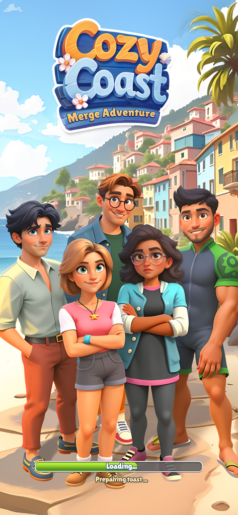 Cozy Coast: Merge Adventure - Cozy Coast Merge Adventure loading screen with five characters on a Mediterranean beach background