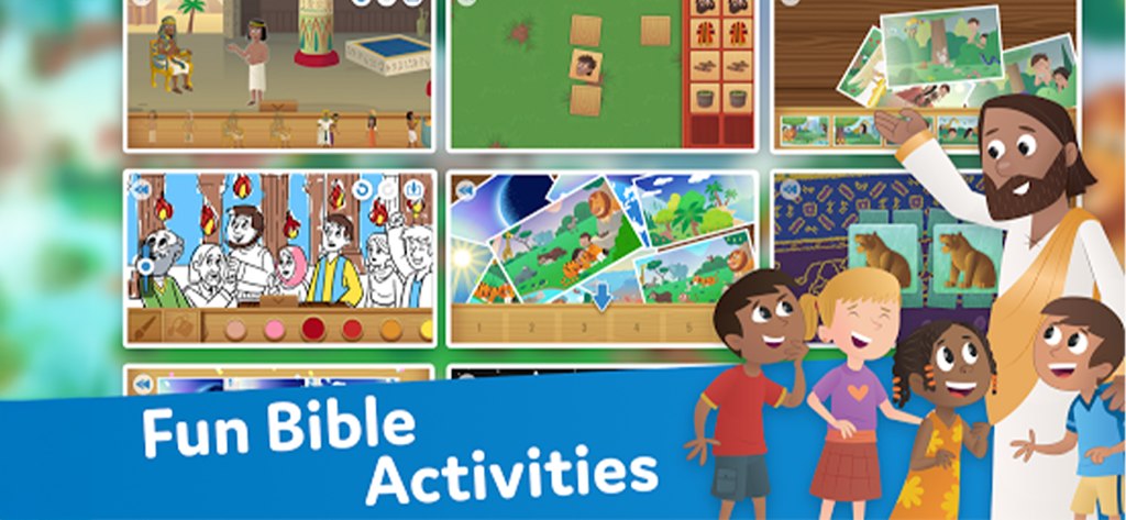 Bible App for Kids - A collage showing various interactive bible games and coloring activities for children