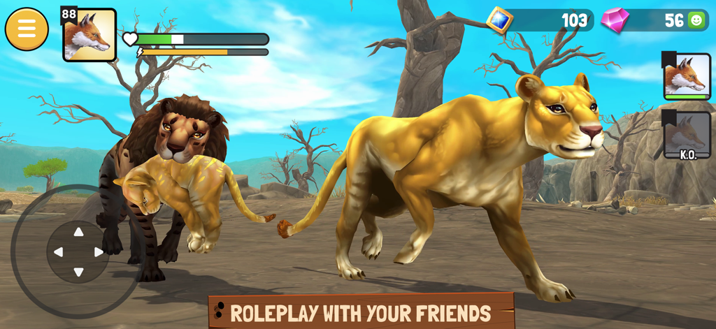Animal Kingdoms: Wolf Sim MMO - Leones interpretando roles con un cachorro en una sabana de mundo abierto en 3D.