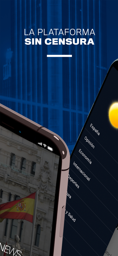 EdaTV News app interface with uncensored platform slogan and news categories in Spanish
