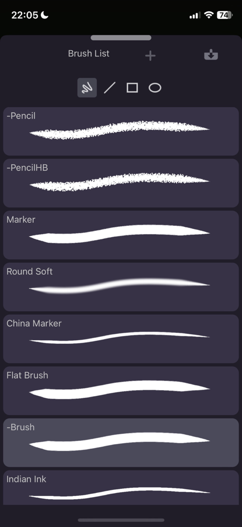 Callipeg mini: Animation App - Interface showing the brush list in the Callipeg mini animation app with various drawing tools like pencil and marker