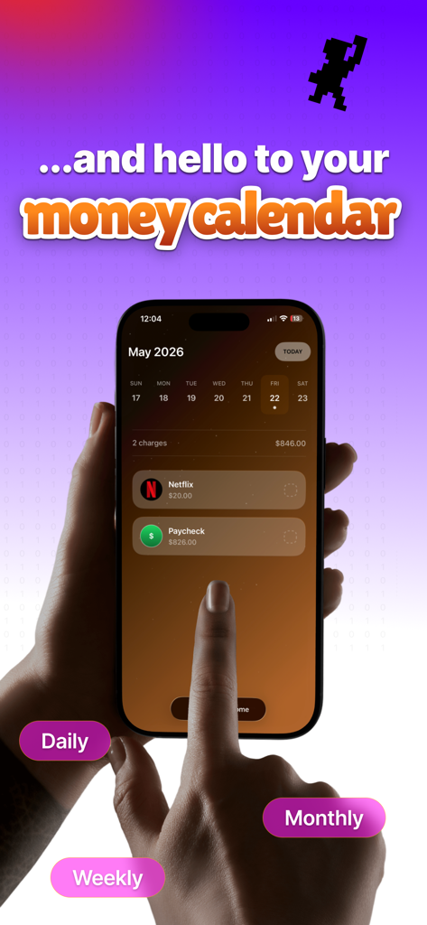 Subbie - Money Calendar - Smartphone screen showing the Subbie money calendar with daily subscriptions like Netflix and paycheck income