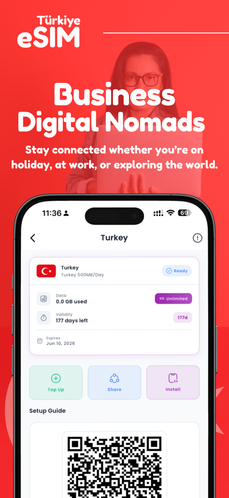 Interface do aplicativo eSIM Turquia mostrando detalhes do plano de dados ilimitados e código QR de configuração para viajantes a negócios e nômades digitais.