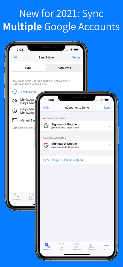 Interface for syncing multiple Google accounts in Contacts Sync Pro app