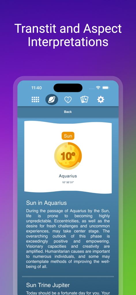 Una pantalla móvil que muestra interpretaciones detalladas de tránsitos y aspectos astrológicos para el Sol en Acuario.