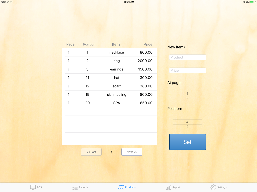 Interface of POS S Pro showing product list and item configuration on iPad