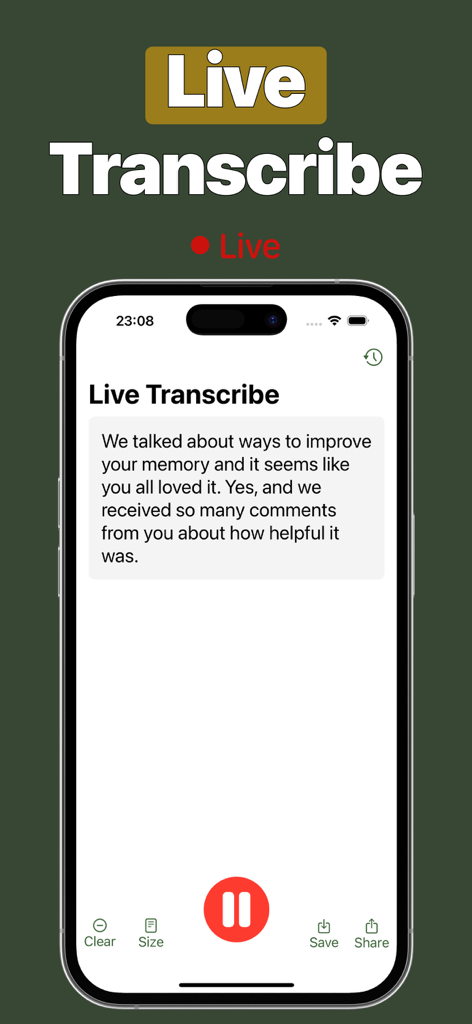 Live Transcribe Speech tо Text - iPhone screen displaying the Live Transcribe app with real time speech to text transcription