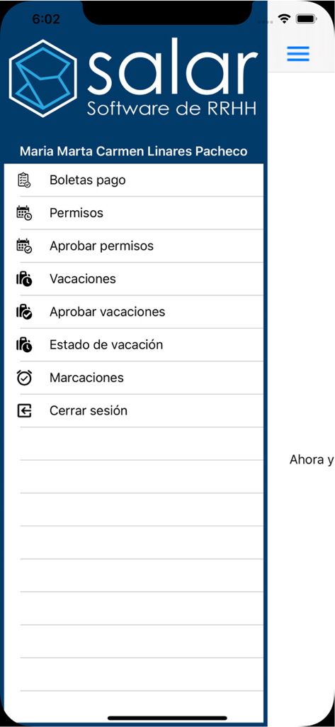 Menú de la barra lateral de la aplicación móvil de RRHH de Salar, que enumera los permisos de nómina y las funciones de vacaciones