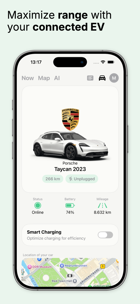 StromNow EV Charging Map - Panel de la aplicación StromNow mostrando el estado de la batería y la autonomía en tiempo real de un coche eléctrico conectado