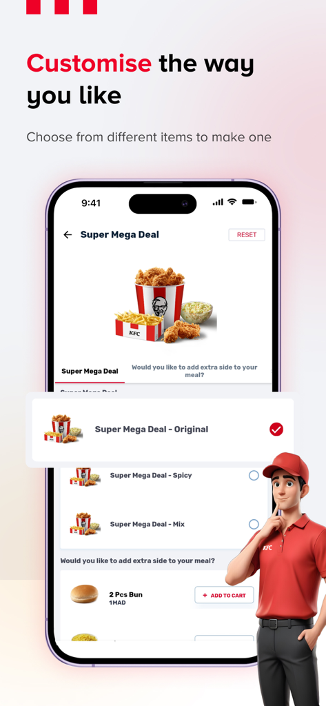 KFC Morocco | KFC Maroc - Écran de l'application mobile montrant les options de personnalisation pour une offre KFC Super Mega Deal au Maroc