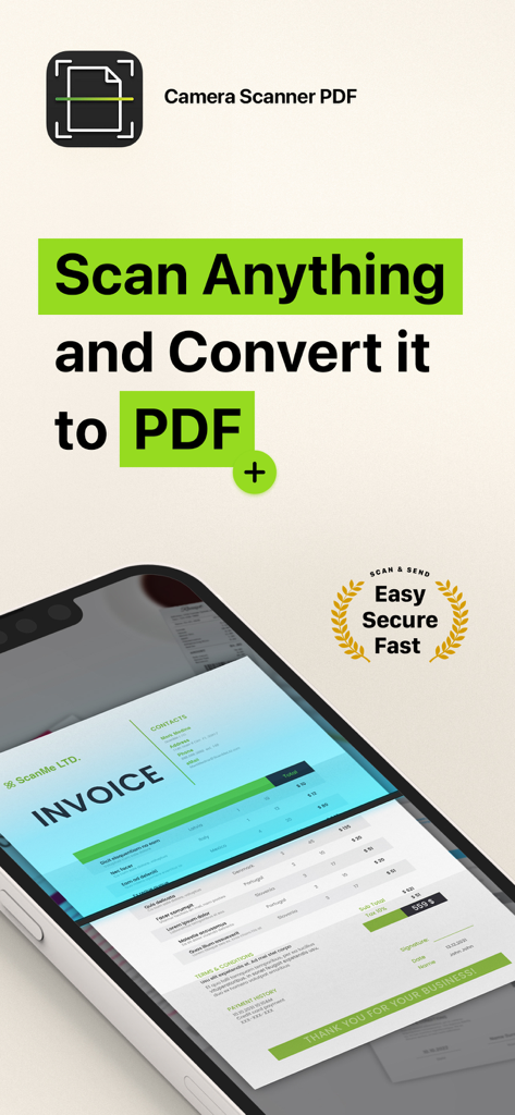 Interface de l'application Scanner Photo PDF montrant une facture en cours de numérisation sur l'écran d'un smartphone