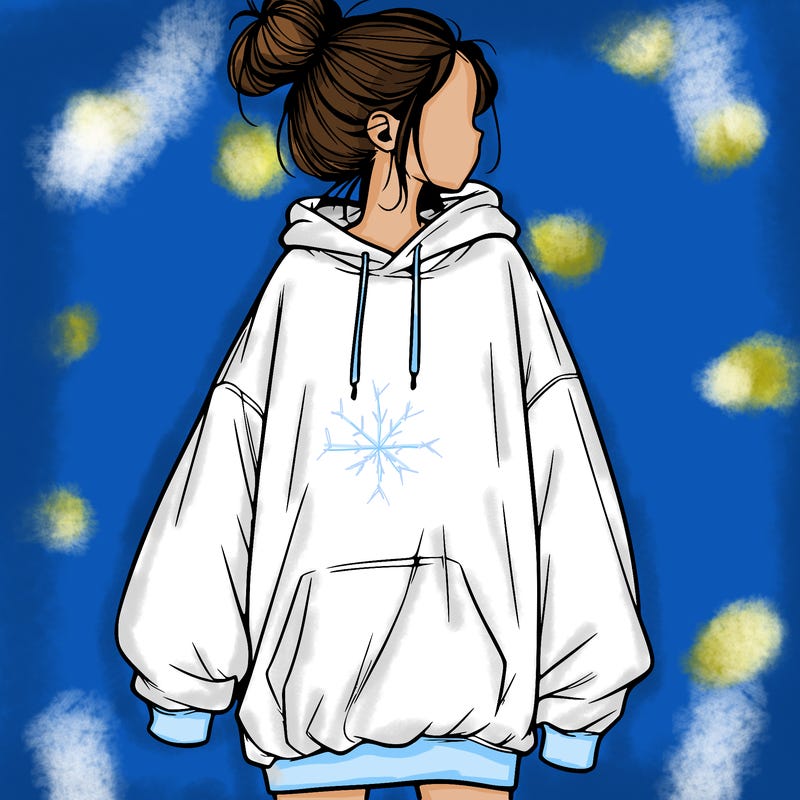 realistic girl with a oversized sweatshirt on and a bun