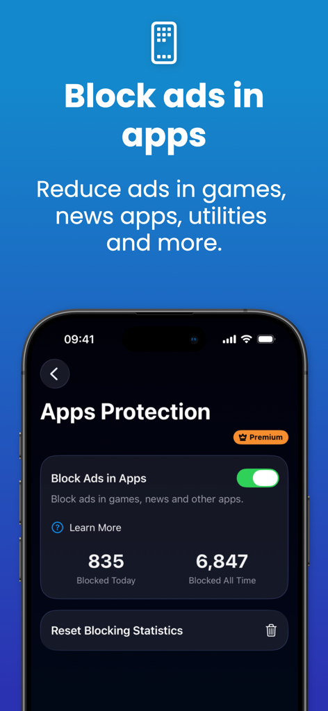 Interfaccia dell'app Adblock Plus per Safari che mostra la funzione Protezione App e le statistiche di blocco degli annunci.