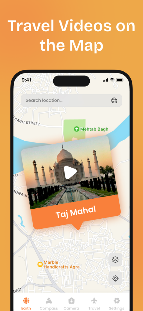Interface d'application mobile montrant des vidéos de voyage épinglées à des endroits spécifiques sur une carte