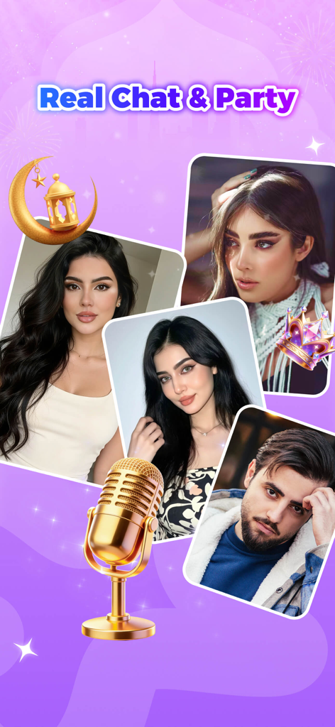 Yoki 앱 인터페이스, 실제 채팅 및 파티룸, 사용자 프로필, 황금 마이크 아이콘 표시