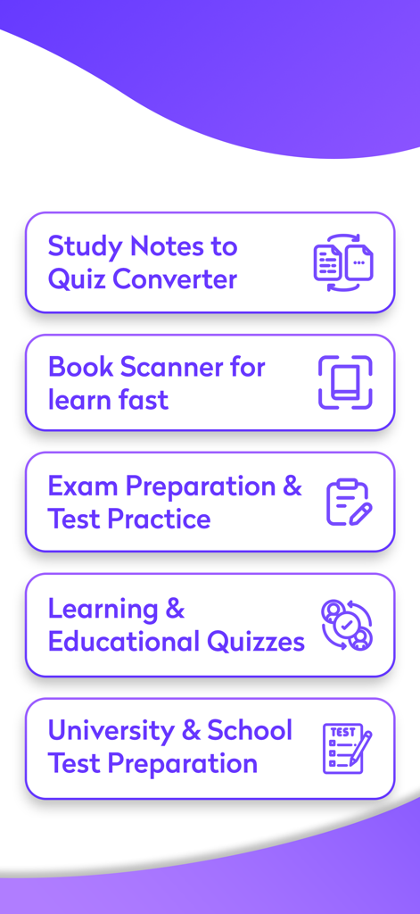 A list of features for the Quizi AI app including Study Notes to Quiz Converter, Book Scanner, and Exam Preparation.