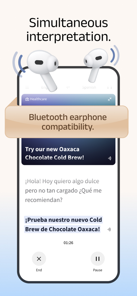 Smartphone screen showing simultaneous English to Spanish translation with Bluetooth earphone support