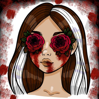 a realistic girl with roses for eyes