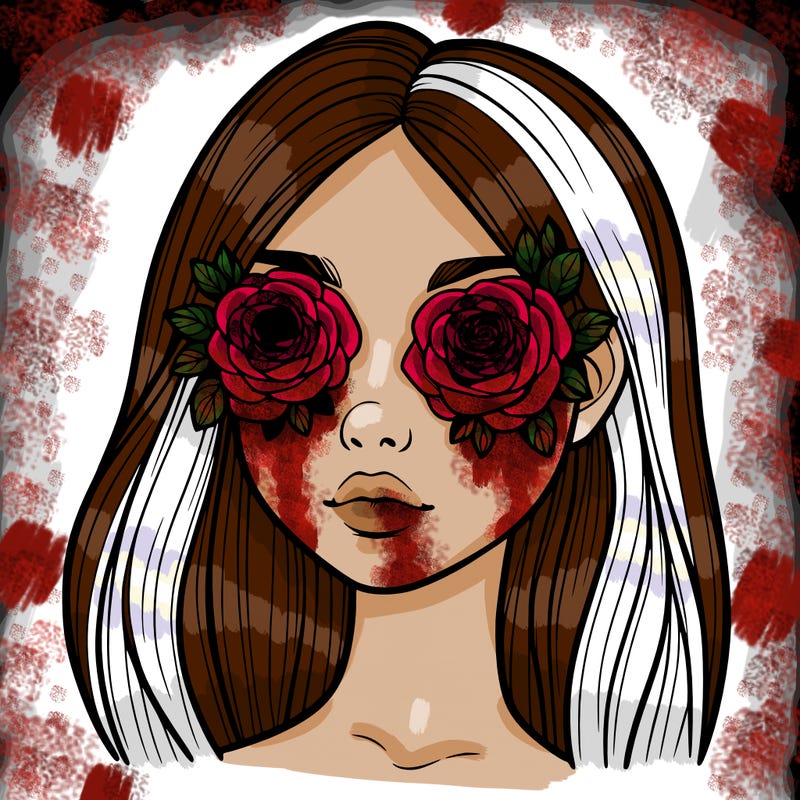 a realistic girl with roses for eyes