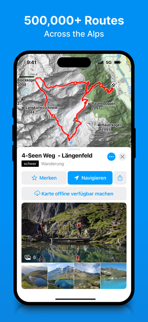 bergfex: Hiking & Tracking - Smartphone screen showing a detailed hiking route and topographic map in the bergfex app