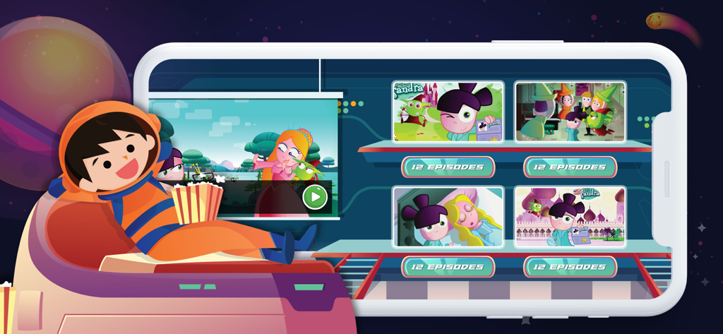 KidSpace - A space themed interface in the KidSpace app showing a child character watching cartoon video episodes.