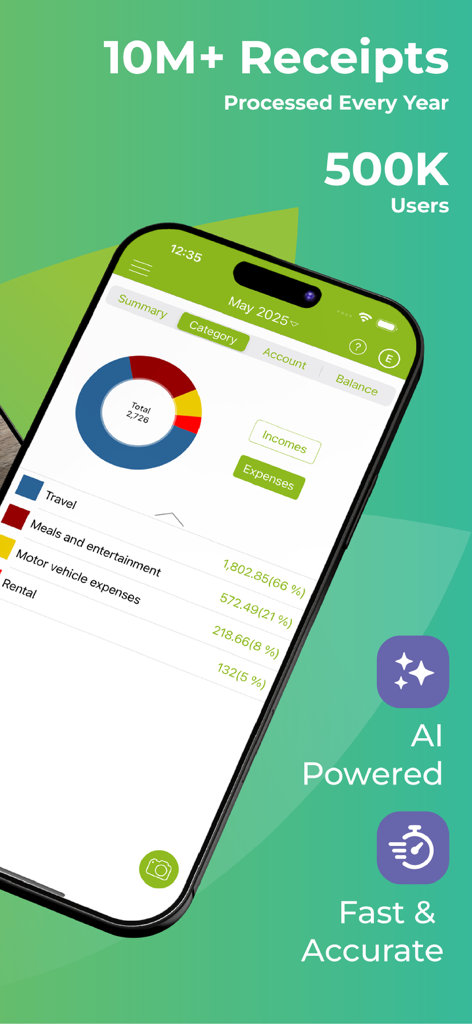 Smartphone showing Foreceipt app expense categories and AI scanning features