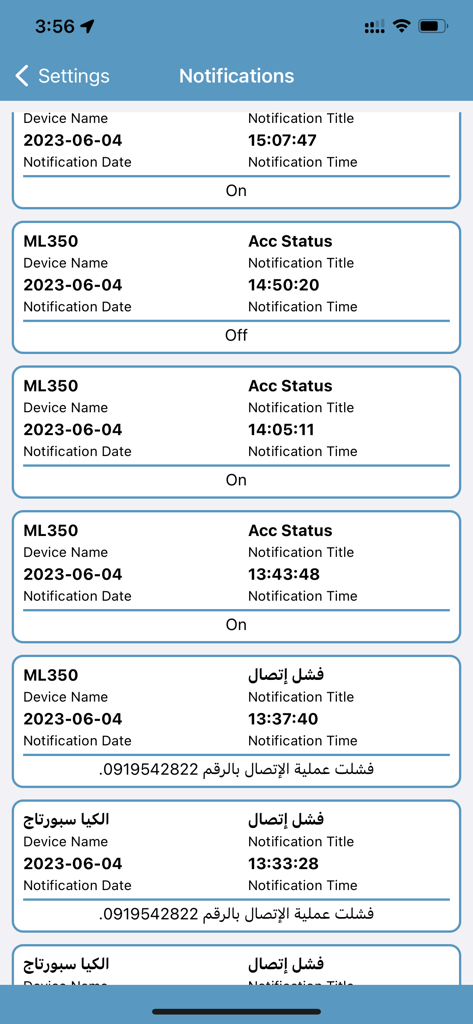 Elenco delle notifiche e degli avvisi sullo stato del veicolo nell'app Sistema di Tracciamento Veicoli Solare