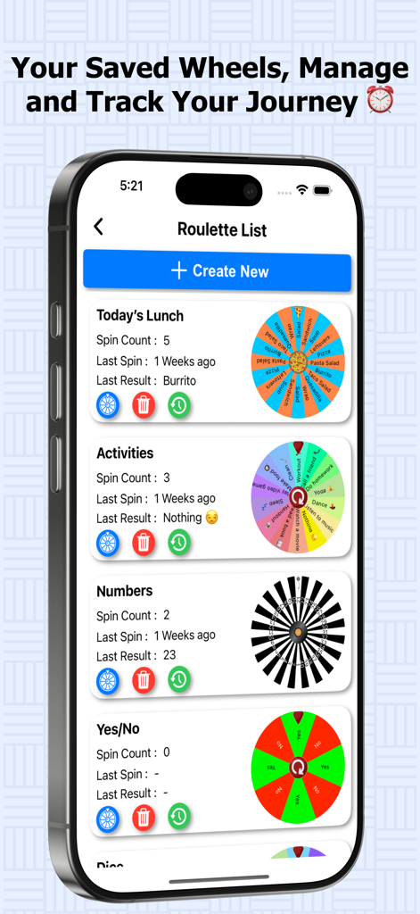 Saved decision wheels list in the Roulette Wheel of Luck app showing spin stats and history