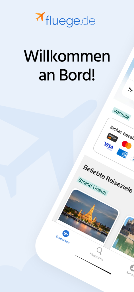 Willkommensbildschirm der Fluege de Flugbuchungs-App mit beliebten Reisezielen und sicheren Zahlungsmethoden