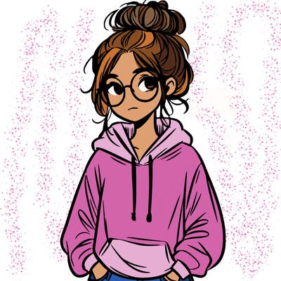 teen girl with a messy bun and glasses wearing a loose hoodie and jeans