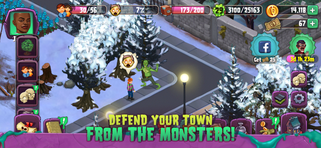 Goosebumps Horror Town - A human character is confronted by a green monster in a snowy suburban street in the Goosebumps HorrorTown mobile game.