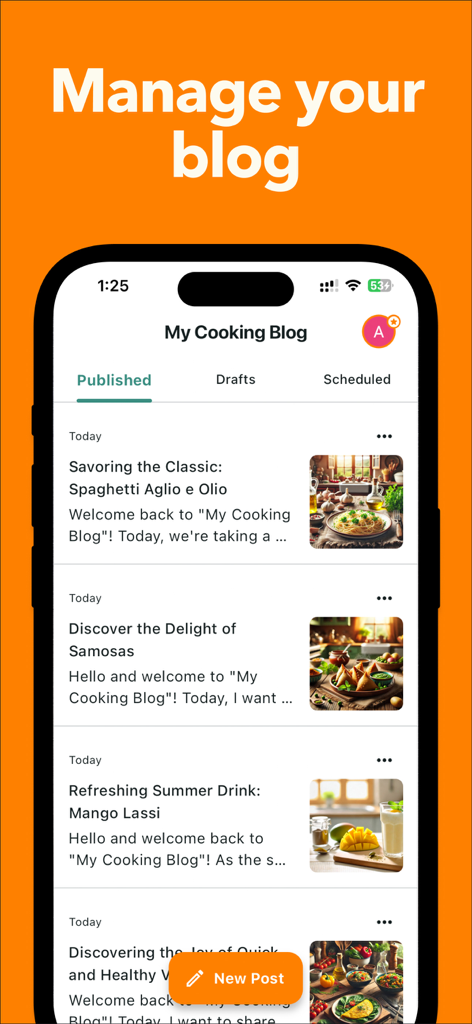 Blogging for Blogspot Blog - iPhone-Bildschirm, der eine Liste veröffentlichter Kochblog-Posts in der Blogging for Blogspot-App anzeigt