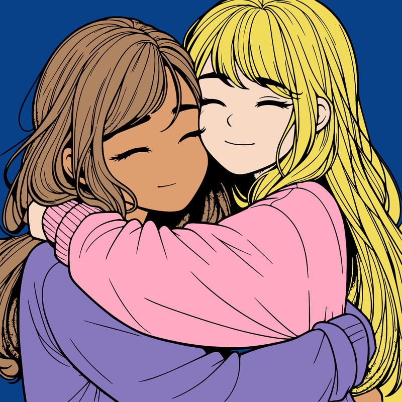 realistic two girls hugging