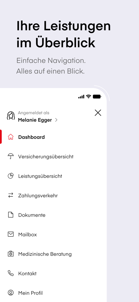 Visana app side navigation menu with links to dashboard insurance overview and documents