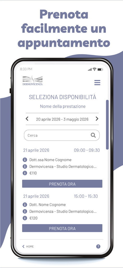 Dermovicenza - Dermovicenza mobile app Bildschirm mit verfügbaren Terminen und Schaltflächen zum sofortigen Buchen