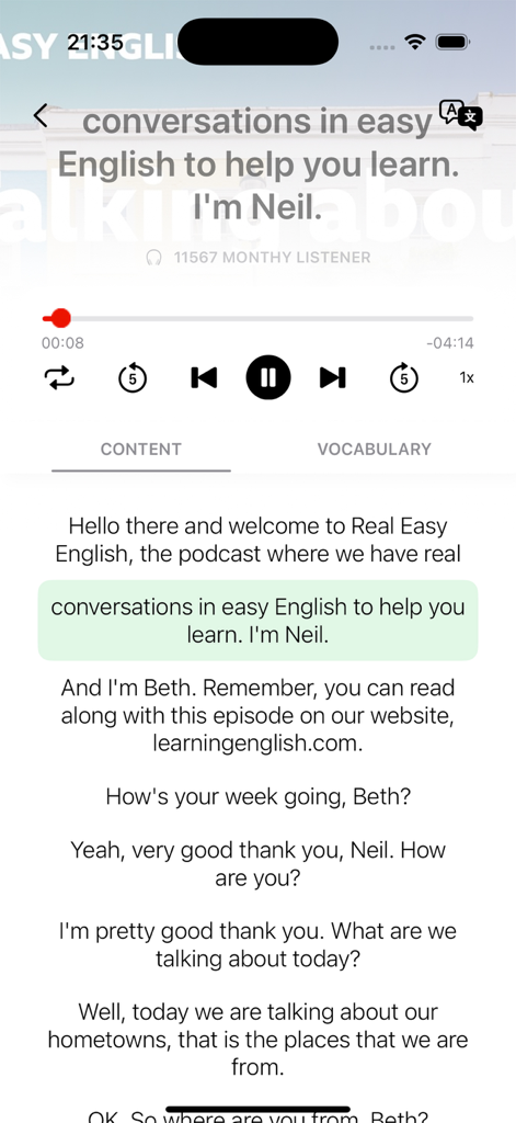 Learning English: Podcast - Interface of an English learning app showing a podcast player with a synchronized text transcript and playback controls.