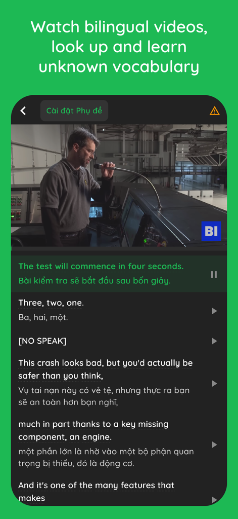 Learn English - Lingoland - Lingolandアプリの画面。言語学習用のバイリンガル（英語とベトナム語）字幕付きビデオを表示