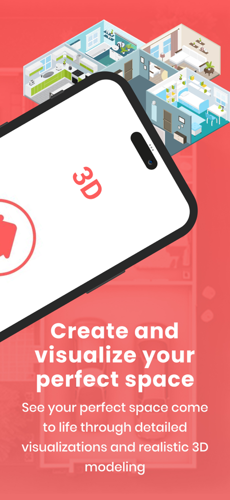 Abode - Home Design & Remodel - Teléfono inteligente mostrando una visualización 3D de un plano de planta para diseño y remodelación del hogar
