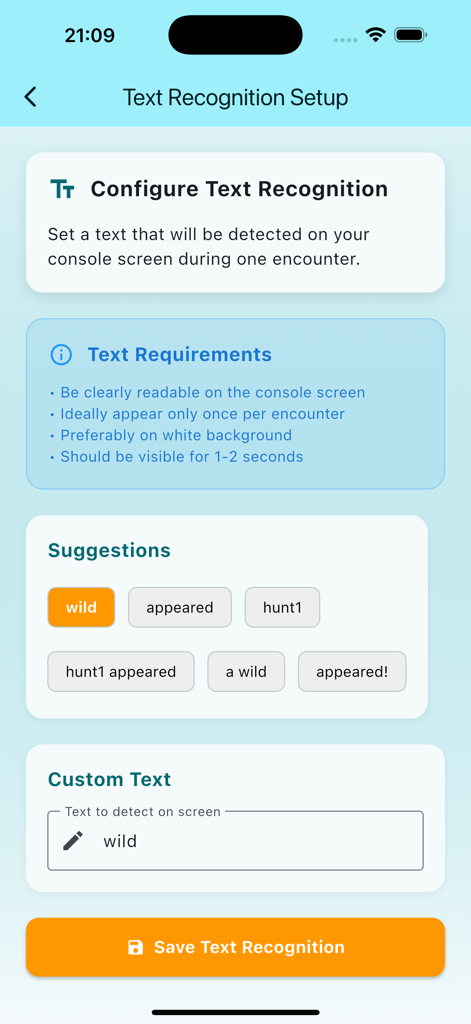 Auto Shiny Counter - Setup screen for configuring text recognition to automatically track shiny Pokemon encounters