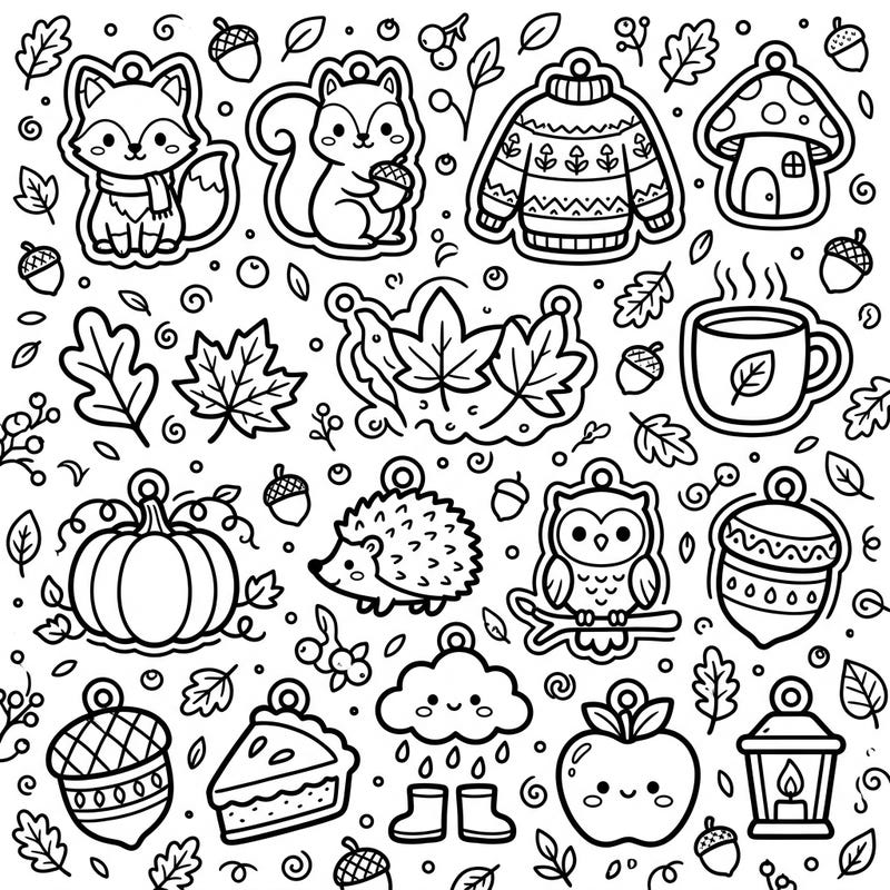 Embrace the cozy vibes of fall with this delightful collection of Kawaii autumn charms. Featuring cute woodland creatures, harvest treats, and seasonal symbols, it's perfect for a relaxing coloring session.